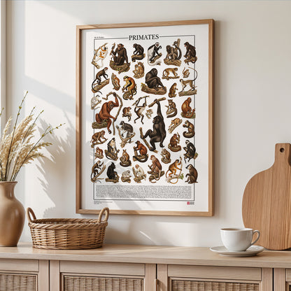 Poster Primati con 41 illustrazioni zoologiche restaurate dell’Ottocento raffiguranti lemuri, scimmie e grandi scimmie, con nomi comuni e scientifici.